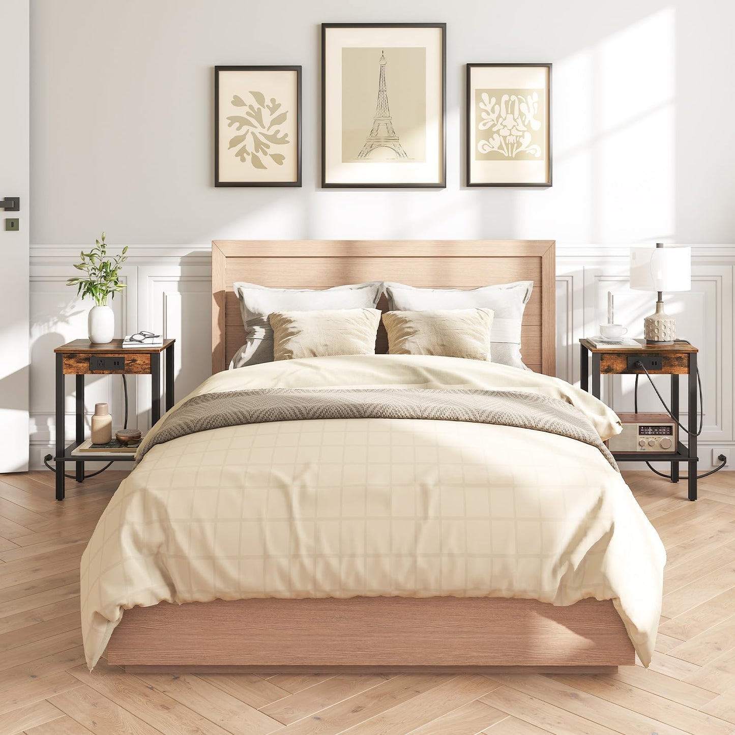 HOOBRO Retro Brown-Edged  End Table Set with Charging Station & USB Port & Power Outlet & Double-Layer Storage Shelf / 2PICS