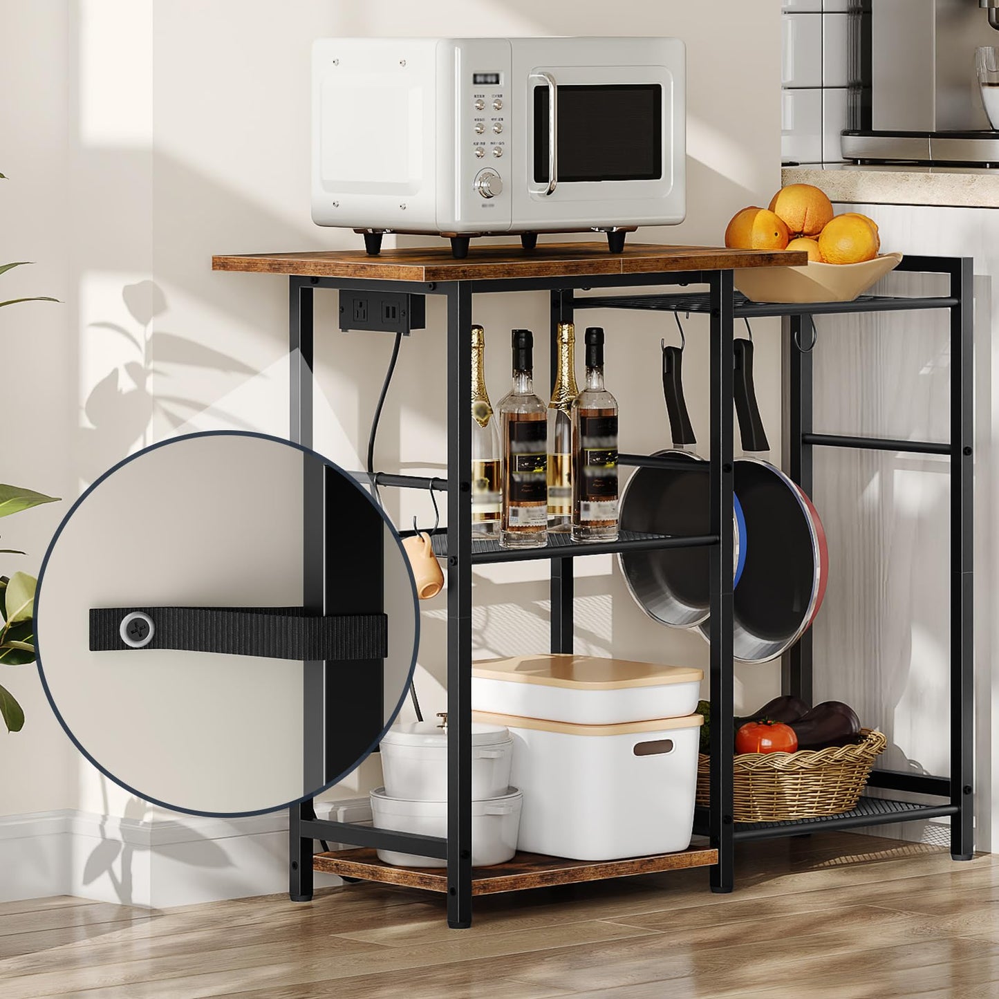 HOOBRO Bakers Rack & Microwave Stand with Power Outlet & Hooks