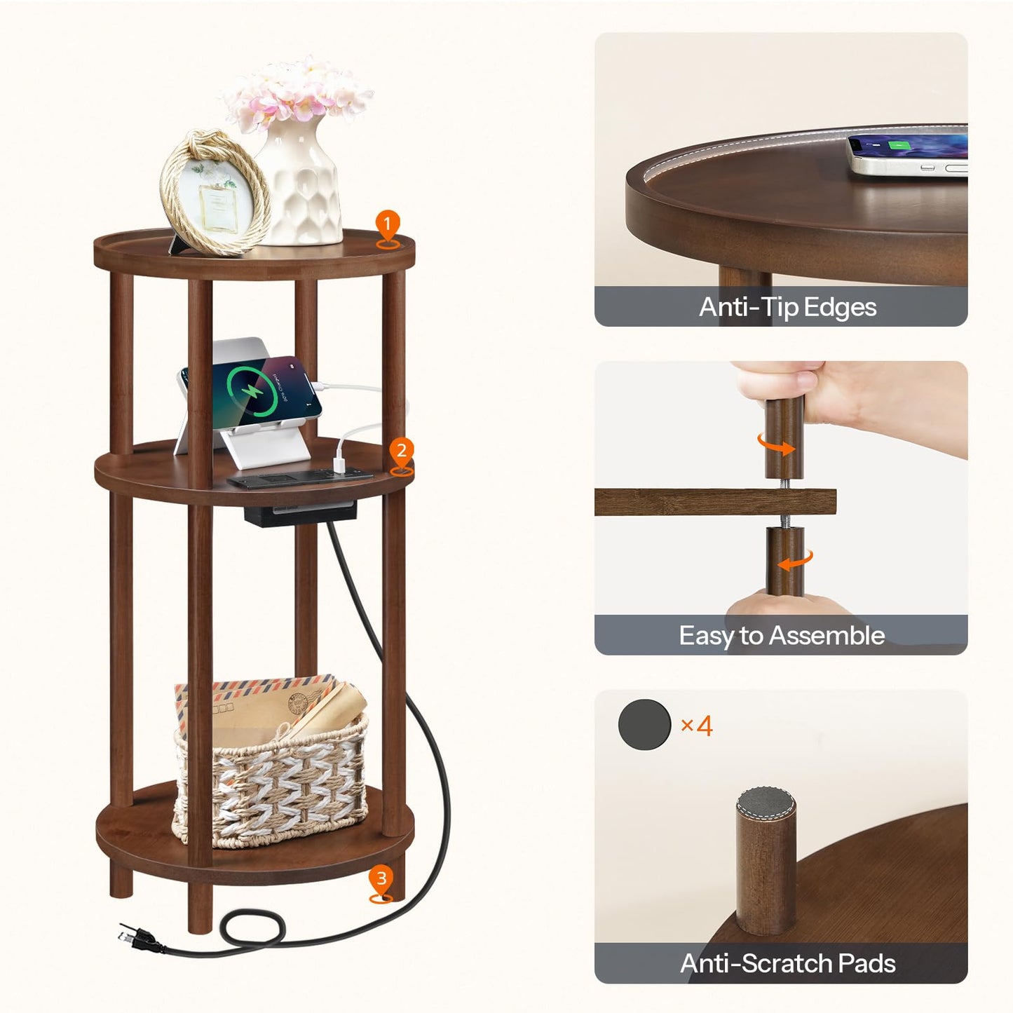HOOBRO Mocha Three-Tier Small Round Side Table with USB Charging Port