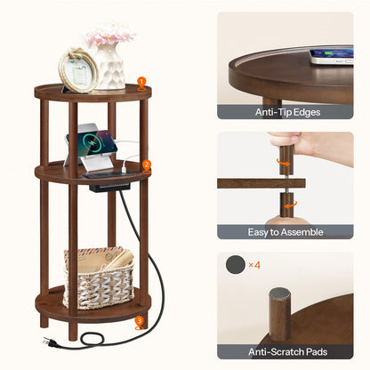 HOOBRO Mocha Three-Tier Small Round Side Table with USB Charging Port