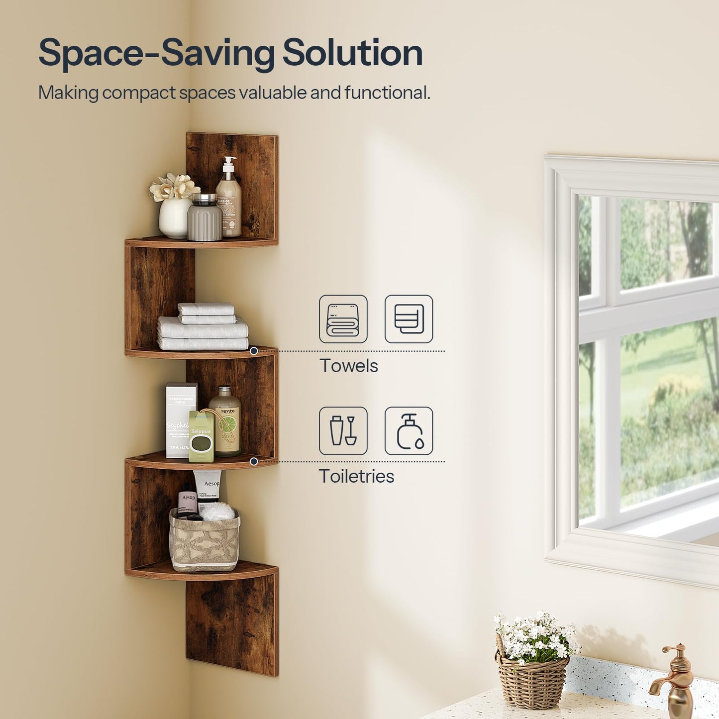 HOOBRO Retro Brown Wall-Mounted Corner Shelf / 2pics