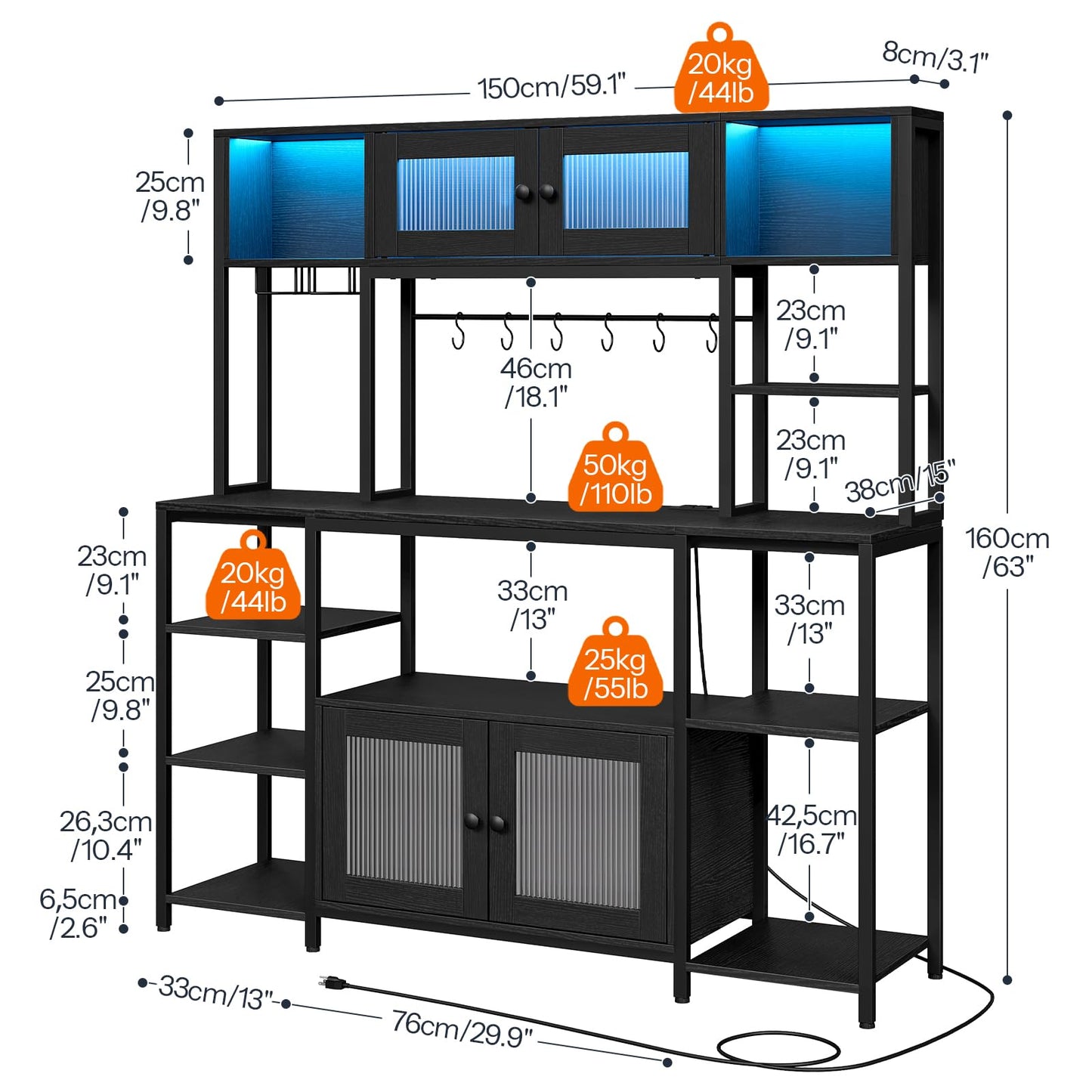 HOOBRO 59.1-inch Bakers Rack with Power Outlet and LED Light