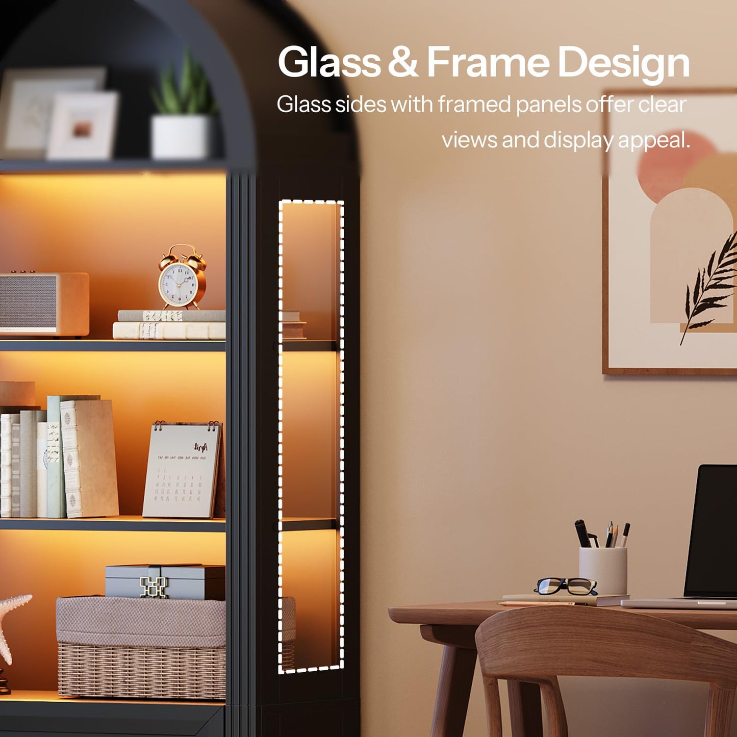 Modern interior design with a glass shelving unit and framed artwork.