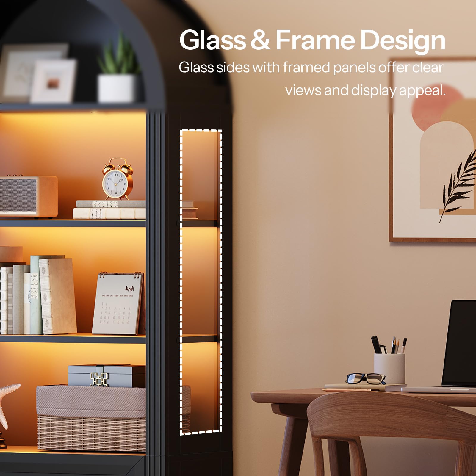 Modern interior design with a glass shelving unit and framed artwork.