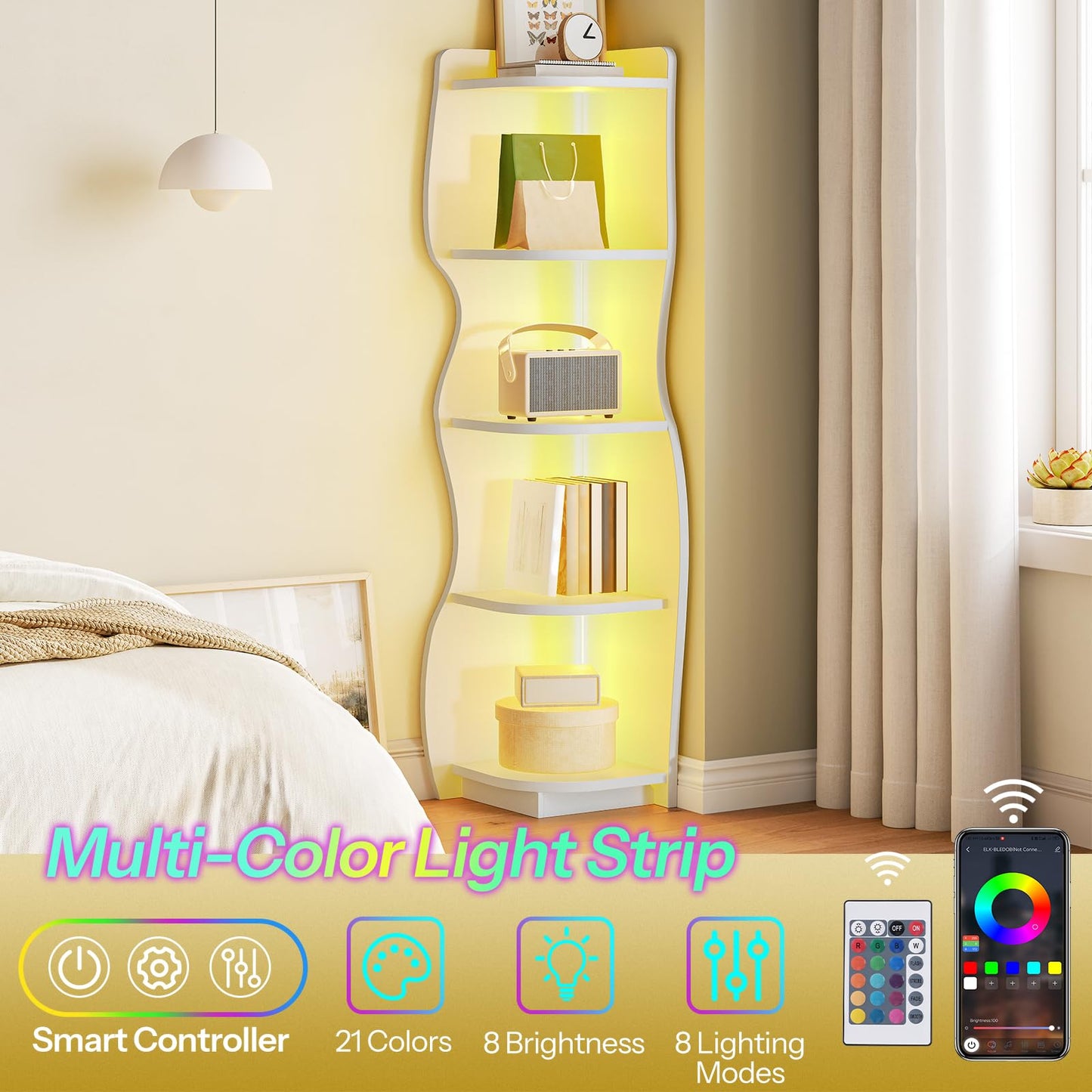 HOOBRO 5-Tier Modern Bookshelf & Corner Shelf with Light