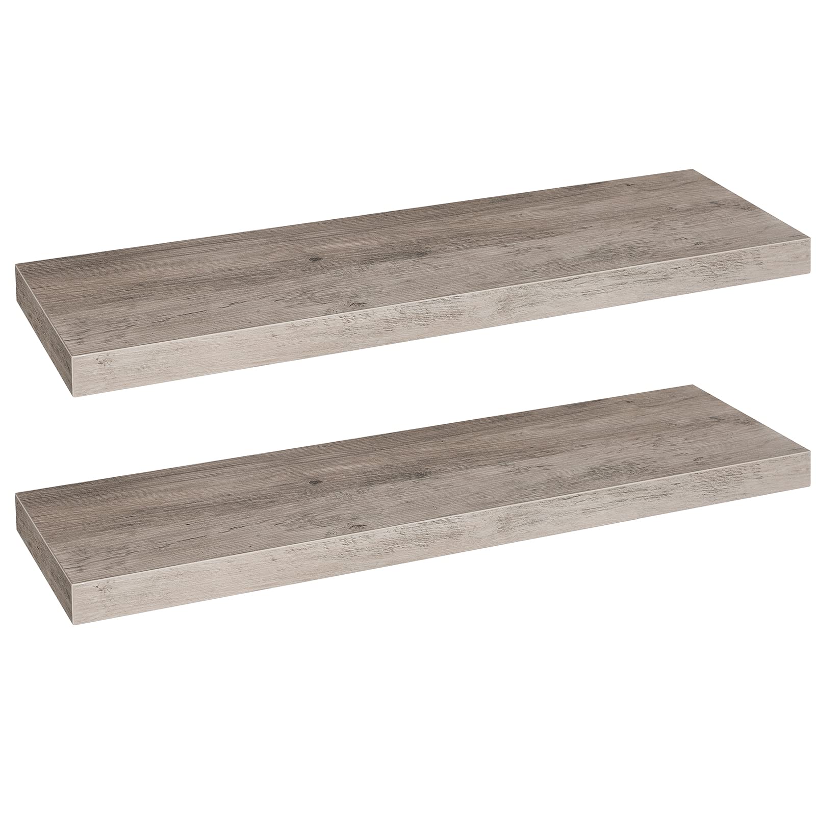 Two wooden floating shelves on a white background