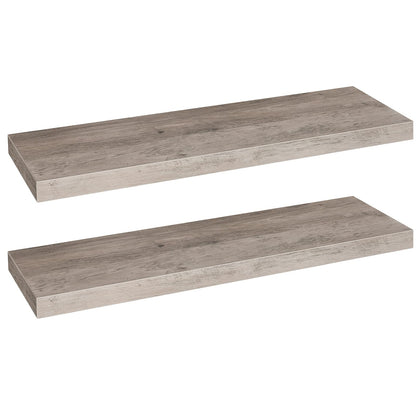 Two wooden floating shelves on a white background