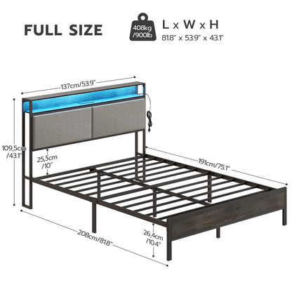 HOOBRO Full Metal Bed Frame with Storage Headboard & LED Lights