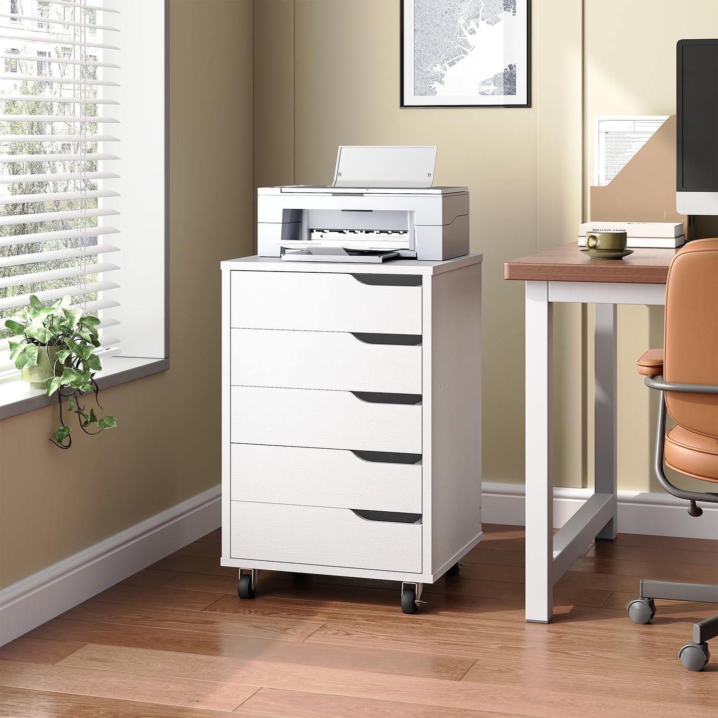 White filing cabinet with printer in an office setting