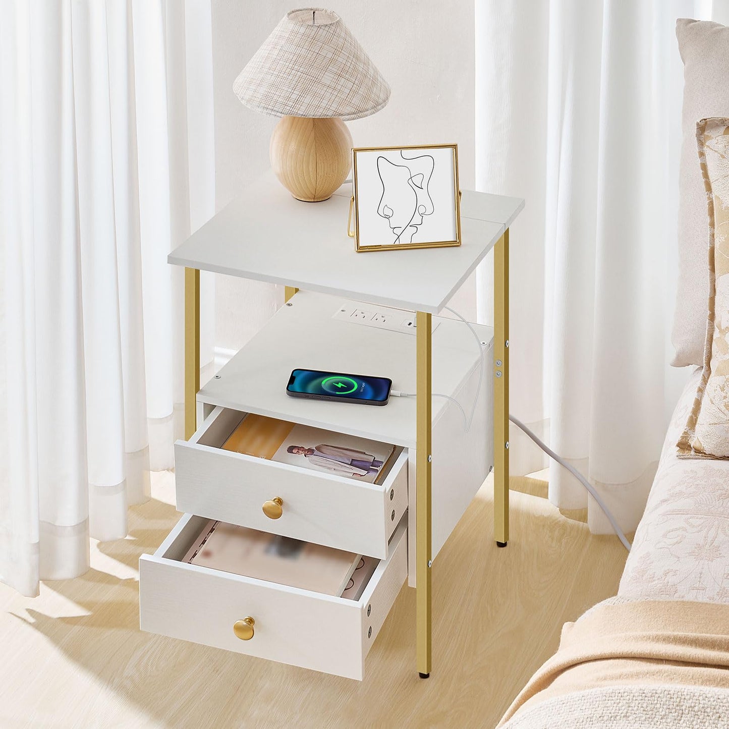 HOOBRO Side Table with Charging Station & 2 Drawers & USB Port & Type-C Port