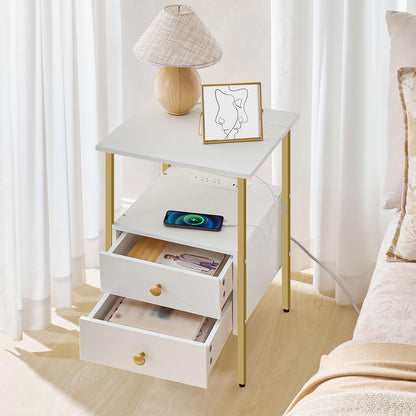 HOOBRO Side Table with Charging Station & 2 Drawers & USB Port & Type-C Port