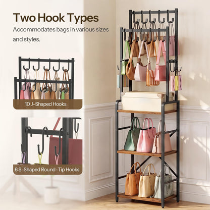 HOOBRO Tall Purse Organizer for Closet, 3-Tier Handbag Rack with 10 J-Hooks