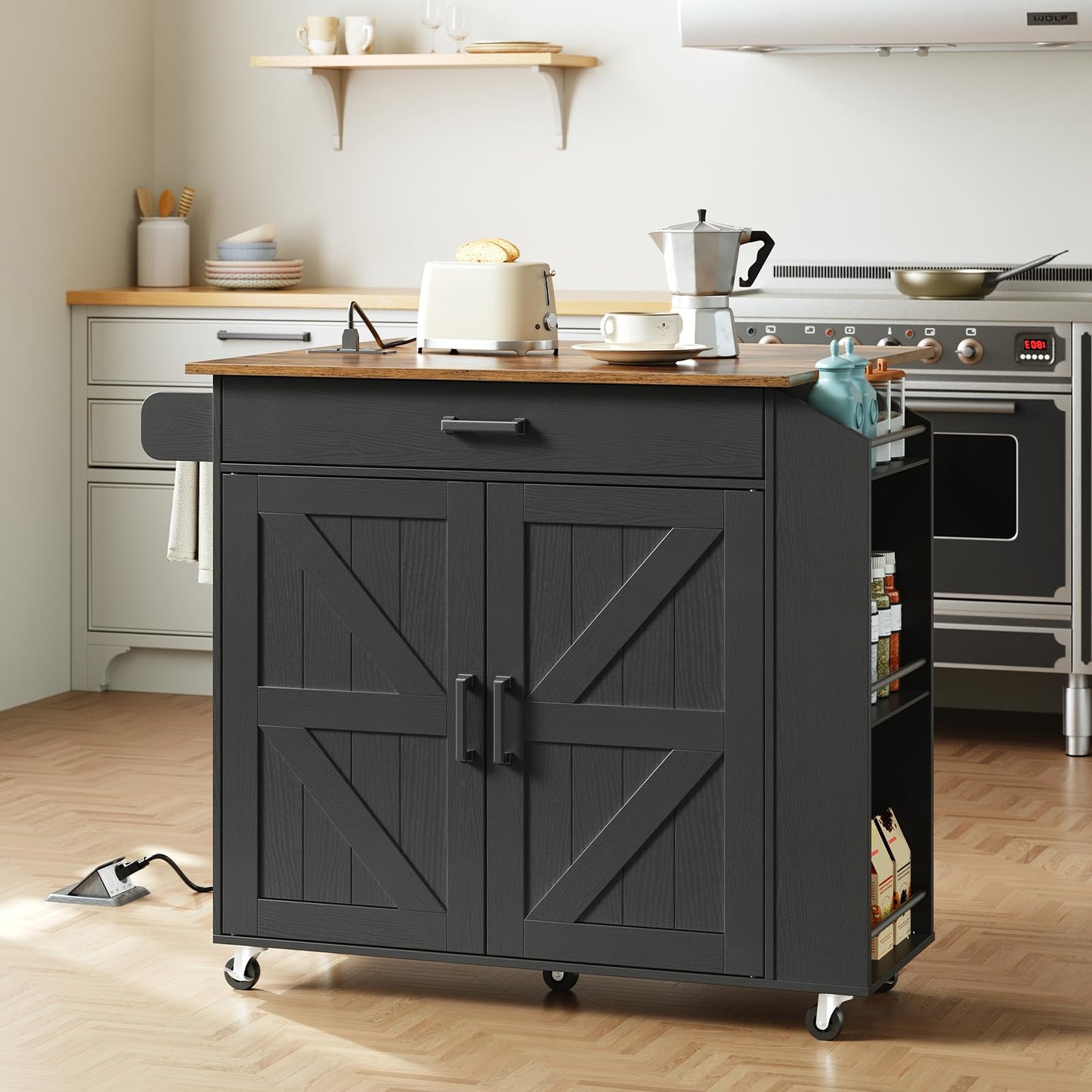 HOOBRO Black Portable Kitchen Island with Folding Countertop & Power Outlet & Drawers and Spice Rack