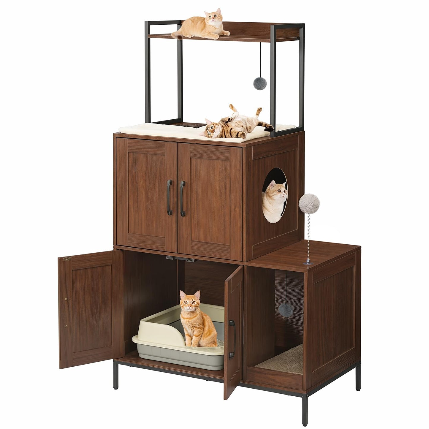 HOOBRO Wooden Cat Litter Box Enclosure with Storage & 2 Plush Balls