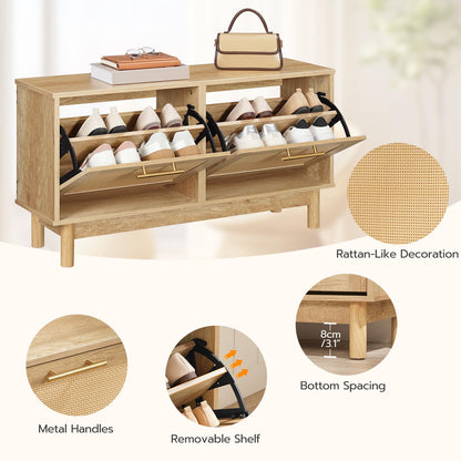 HOOBRO Natural Wooden Rattan Style Shoe Cabinet Bench with Flip-Top Drawers