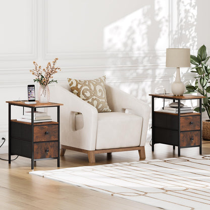HOOBRO Retro Brown Side Table with Charging Station &Two Non-woven Fabric Drawers / 2PICS