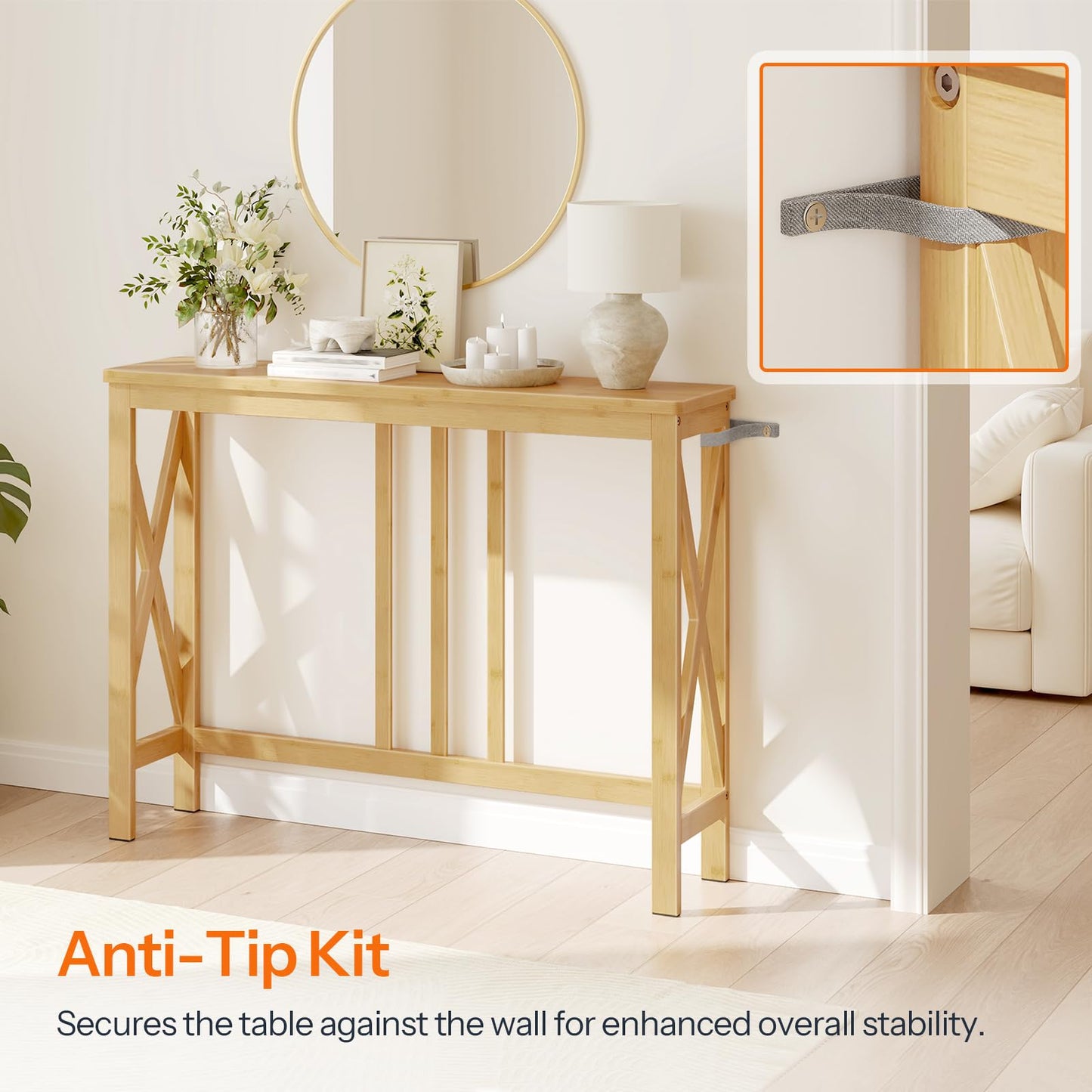 HOOBRO Narrow Bamboo Console Table with X-Frame
