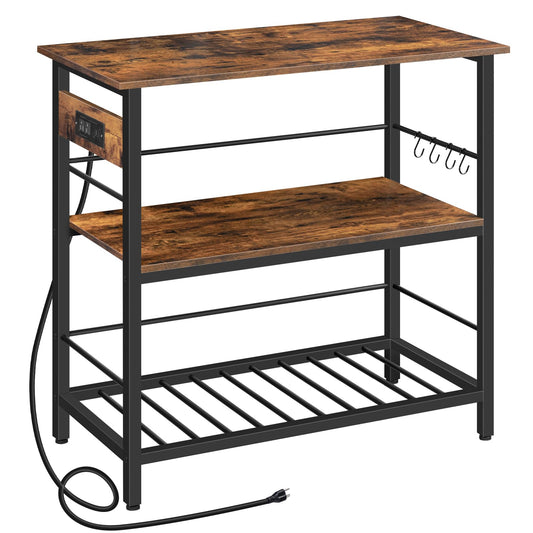 HOOBRO Retro Brown 35.4-inch Long Three-Tier Kitchen Island with Power Outlet