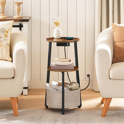 HOOBRO Retro Brown Small Round Side Table with Charging Station & Storage Basket