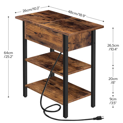 HOOBRO Retro Brown Flip-Top Narrow Side Table with USB Port/Socket/Shelf