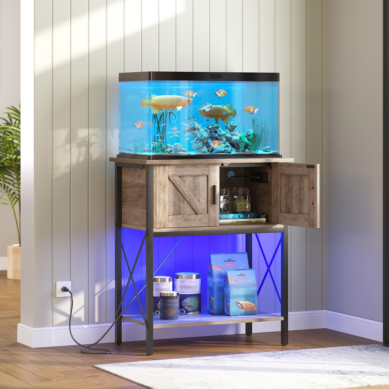 Wooden aquarium stand with a fish tank displaying aquatic plants and fish, against a light-colored wall.