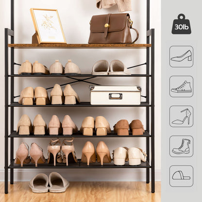 HOOBRO Retro Brown Industrial Style Five-Tier Hallway Coat Rack with Shoe Storage & Bench & 5 Hooks