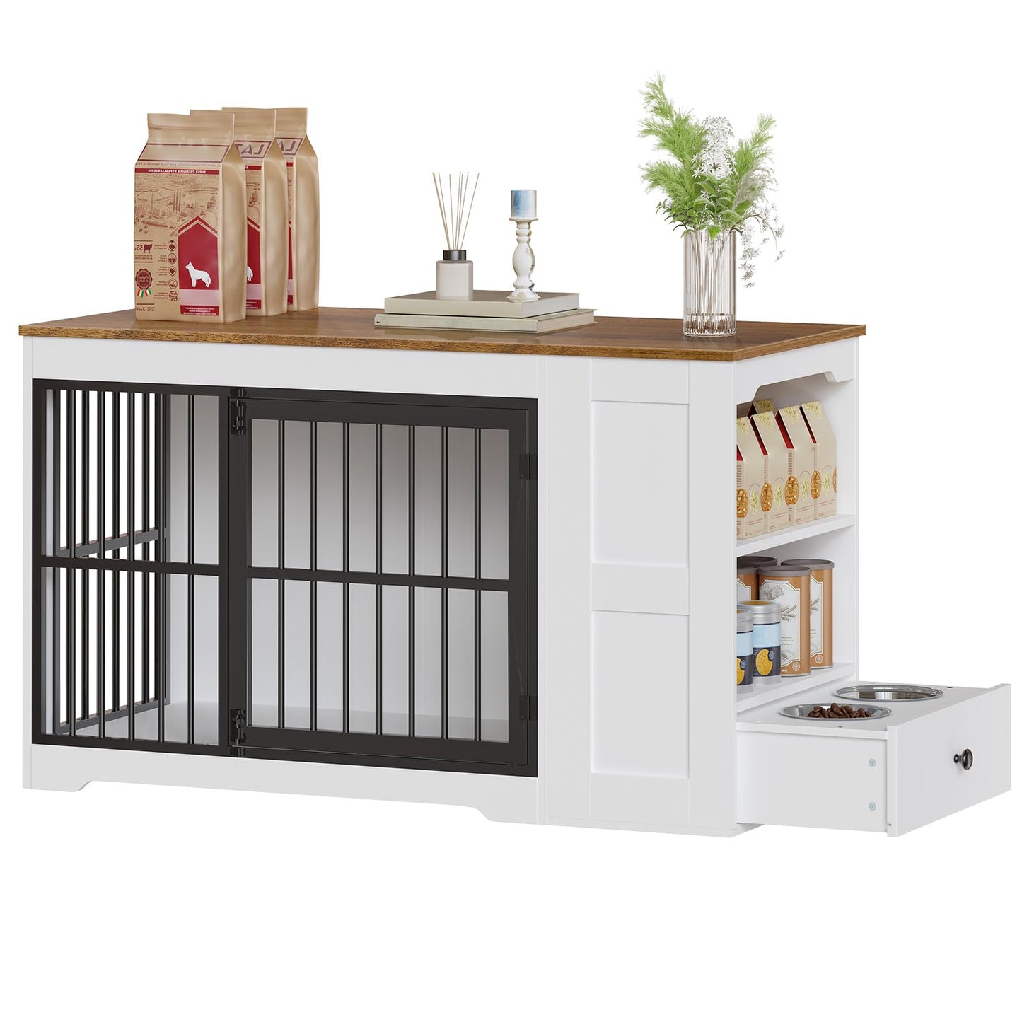 HOOBRO 47.2”  Wooden Dog Crate Furniture with Storage Shelf and Feeding Bowls