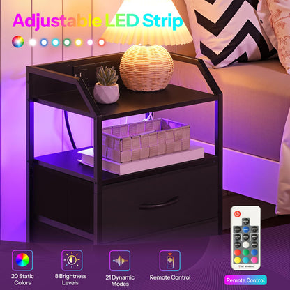 HOOBRO Black Bedside Table with Charging Station: Features 1 AC power outlet & 1 USB port & 1 Type-C port & LED light strip