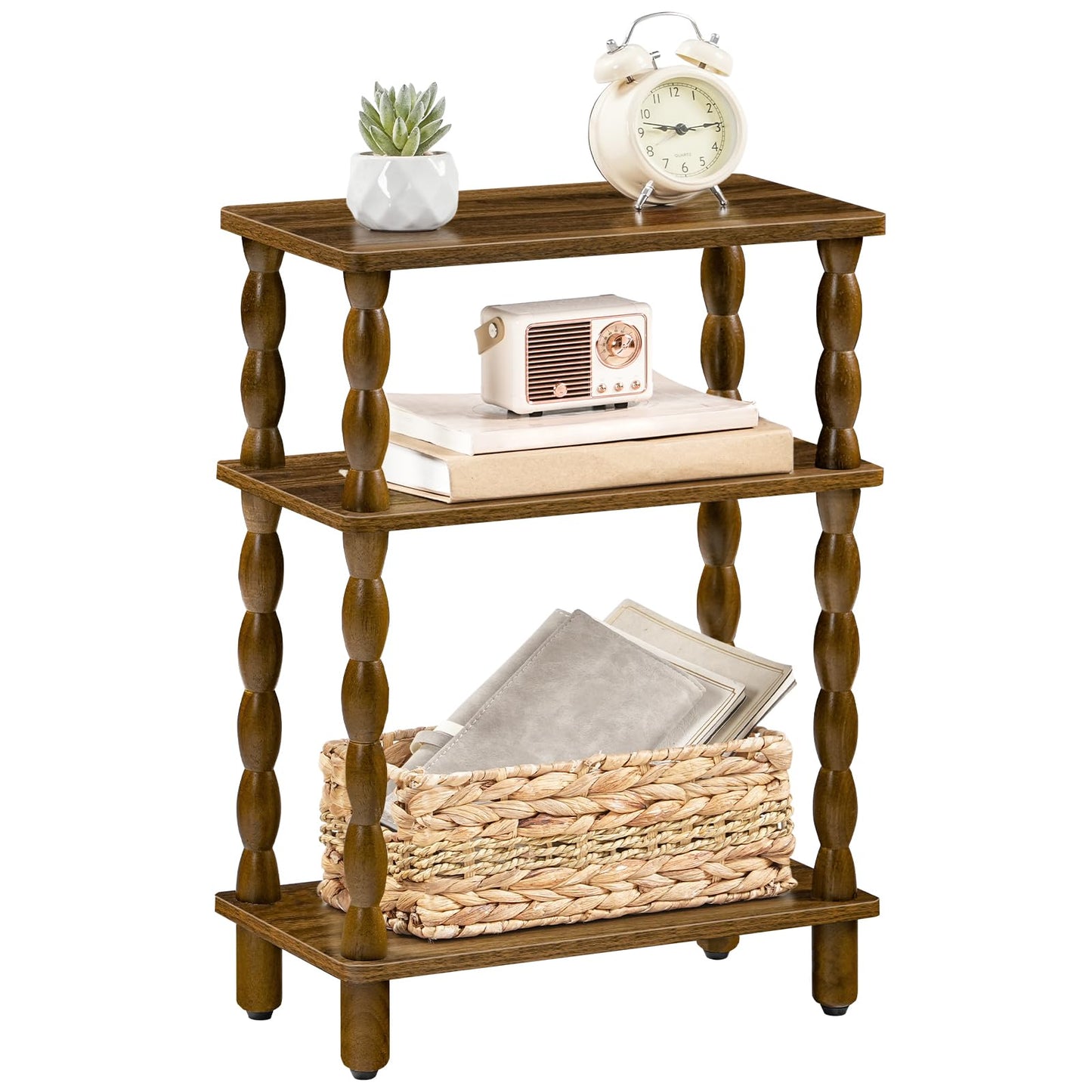 HOOBRO Narrow Side Table, Skinny End Table with Storage, Solid Wood Legs, 3-Tier Bedside Table Nightstand for Small Space, Living Room, Bedroom, Sofa Couch, Walnut WL462BZ01