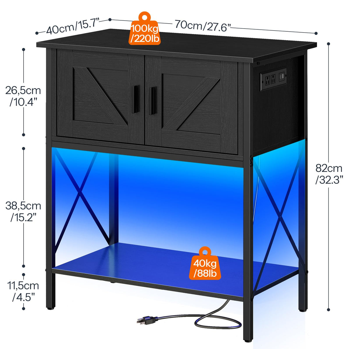 Black cabinet with blue LED lighting and measurements on a white background