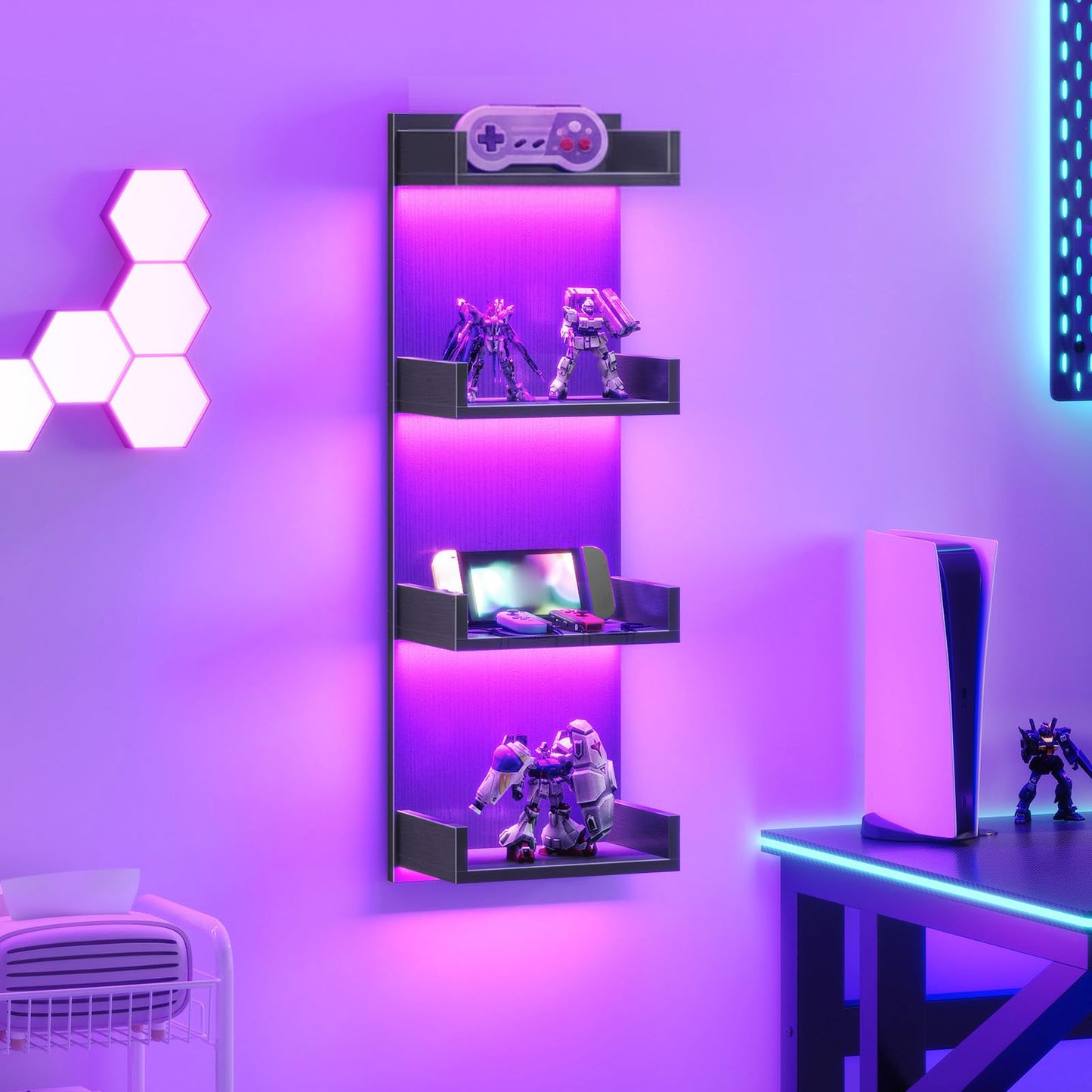 HOOBRO 4-Tier Floating Wall Shelves with LED Lights