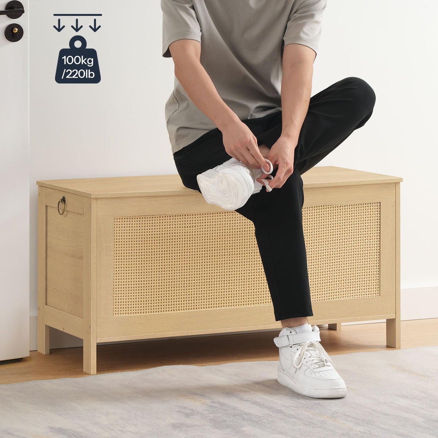 HOOBRO 39.4-inch Rattan Style Storage Bench with Faux Rattan Decoration