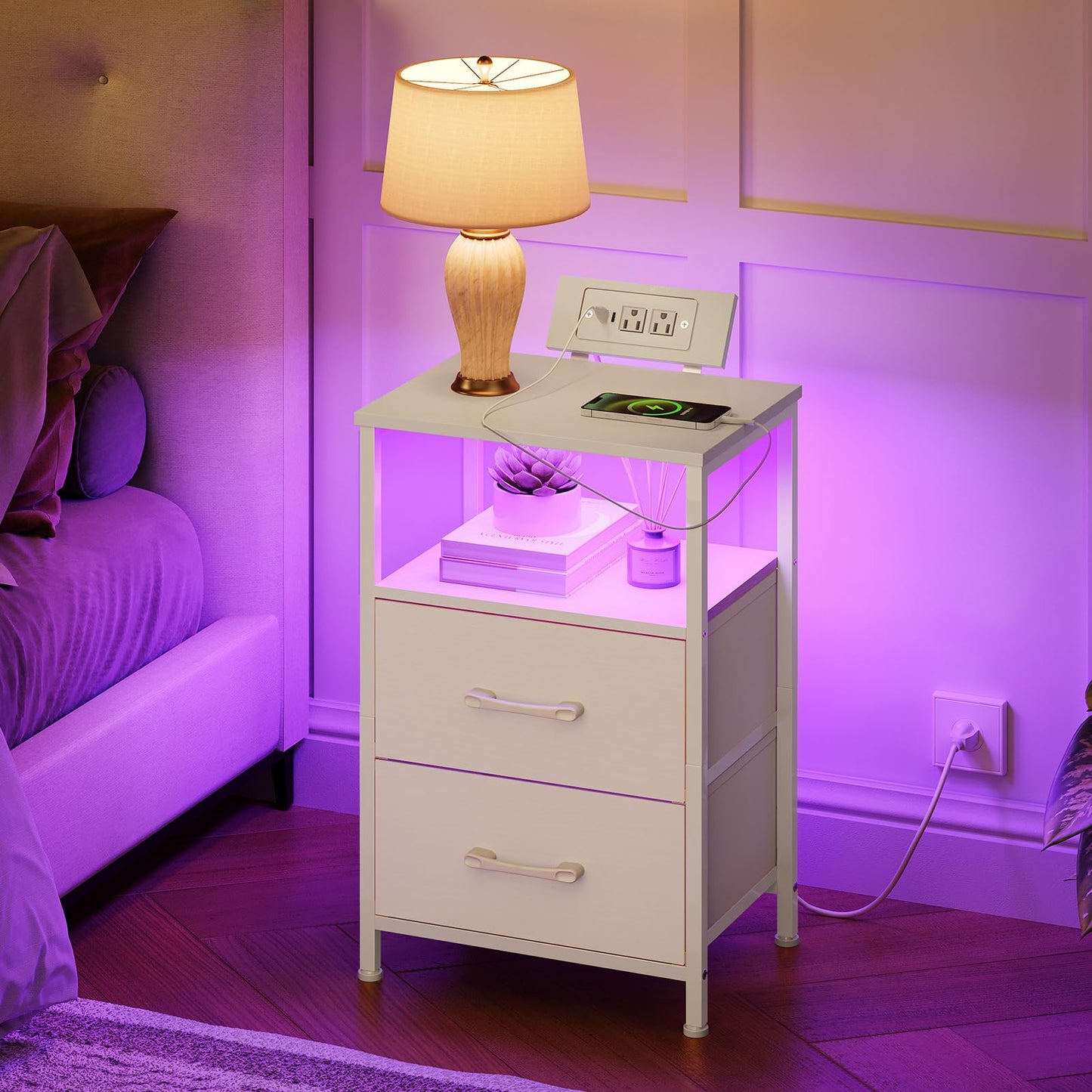 HOOBRO White Bedside Table for Bedroom with Charging Station & LED Light & 2 Fabric Drawers & 2 AC Power Outlets & USB Port