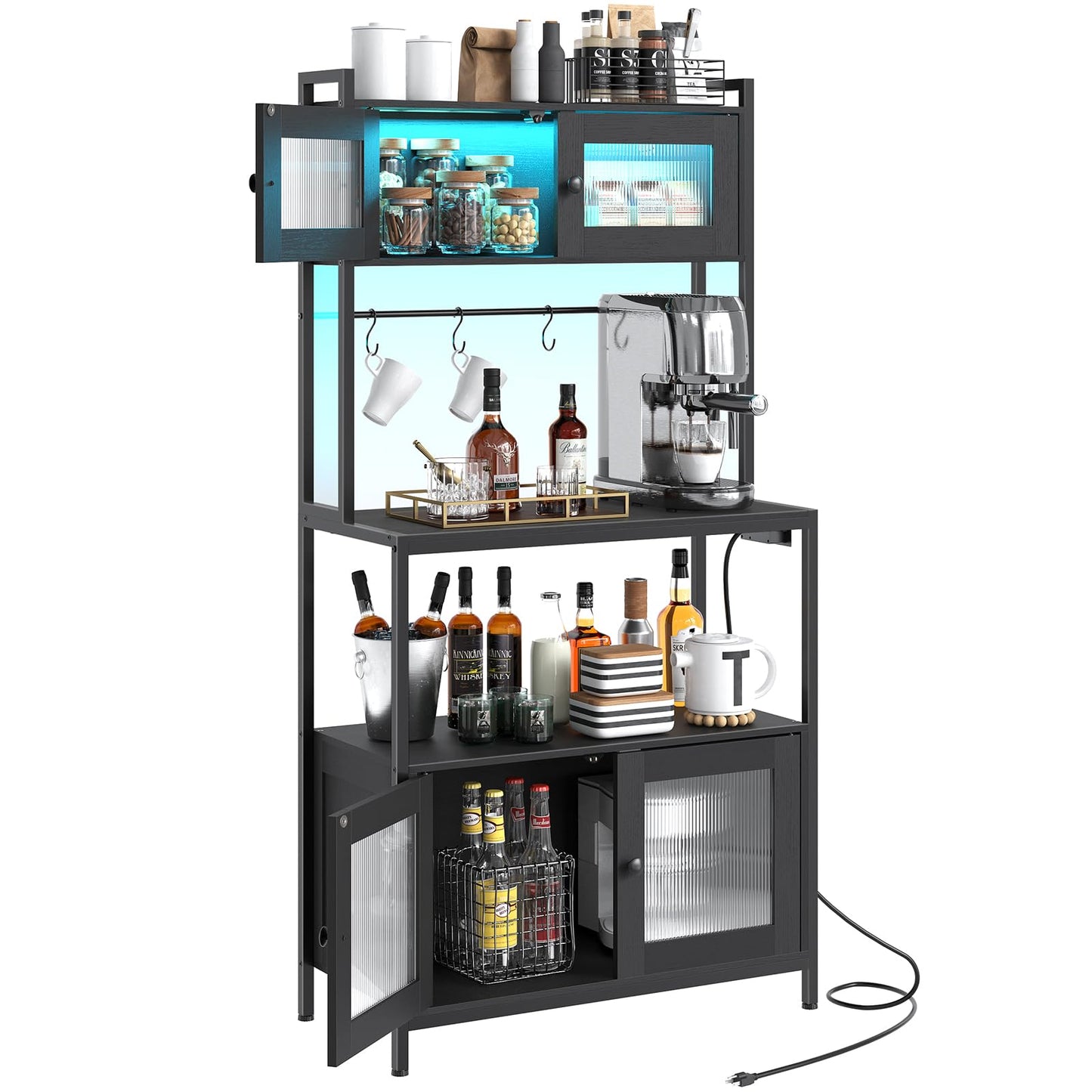 HOOBRO 5-Tier Coffee Bar & Bakers Rack with Cabinet & Power & LED