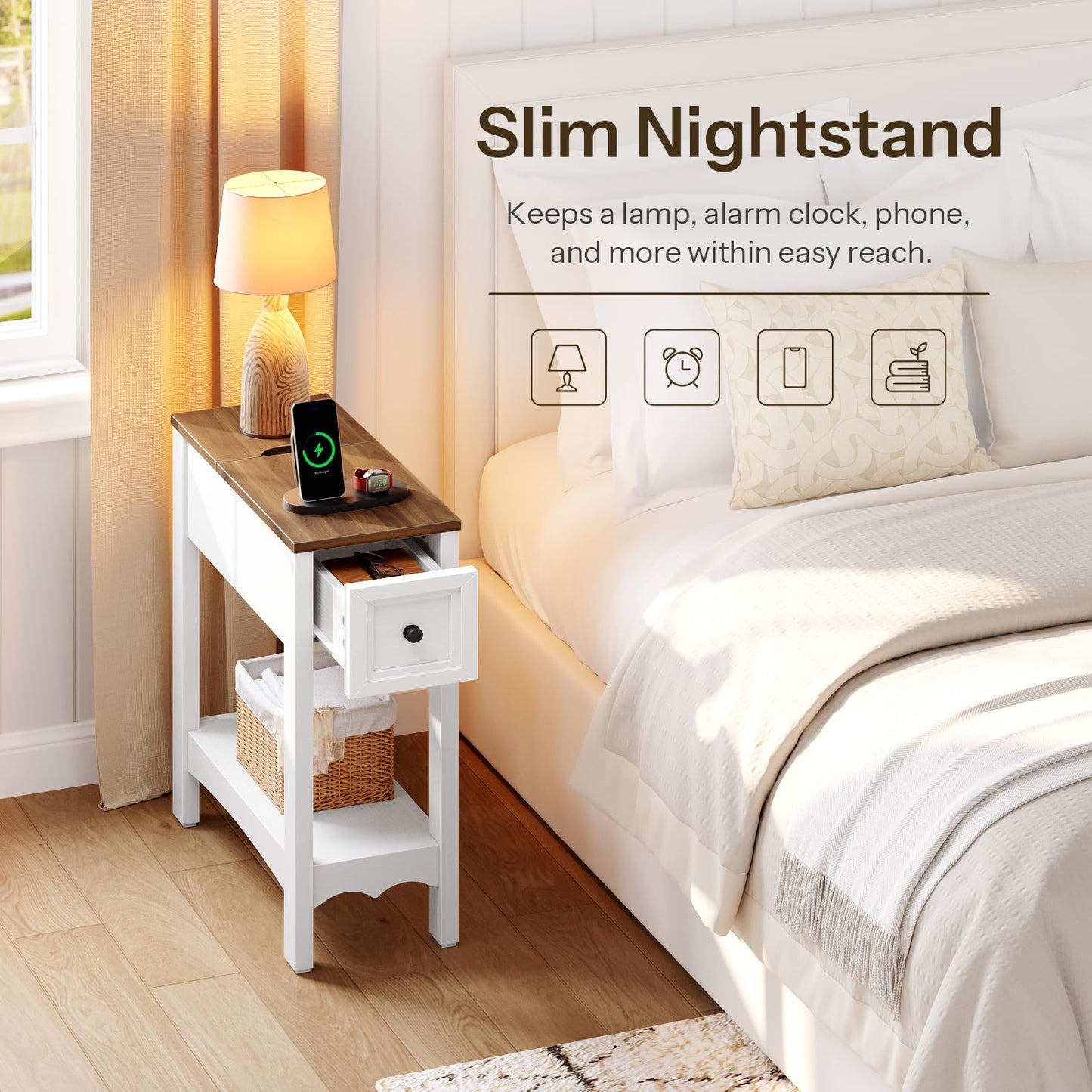 HOOBRO Farmhouse Narrow End Table with Storage Drawer, for Living Room
