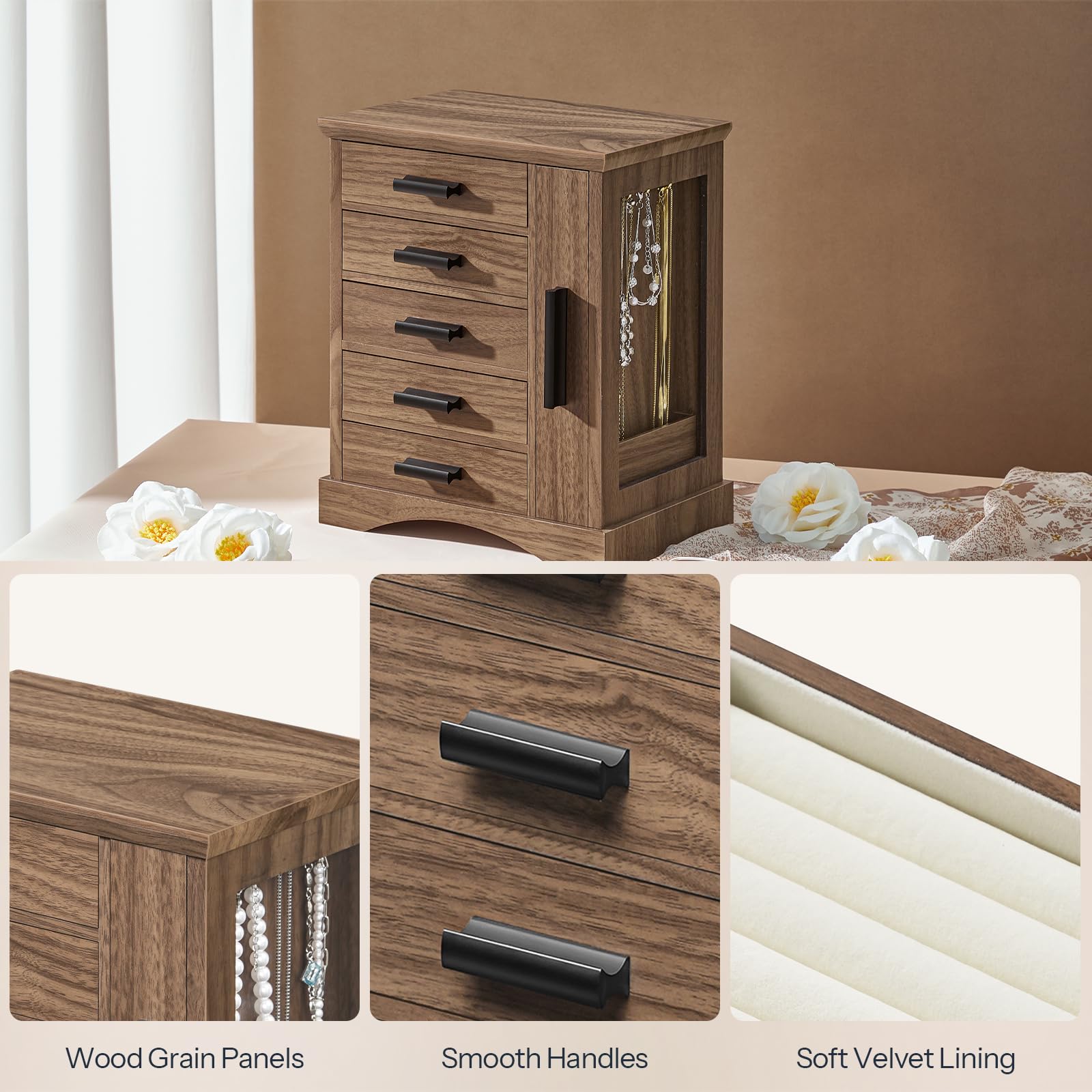 HOOBRO Vertical Wooden Jewelry Organizer Box