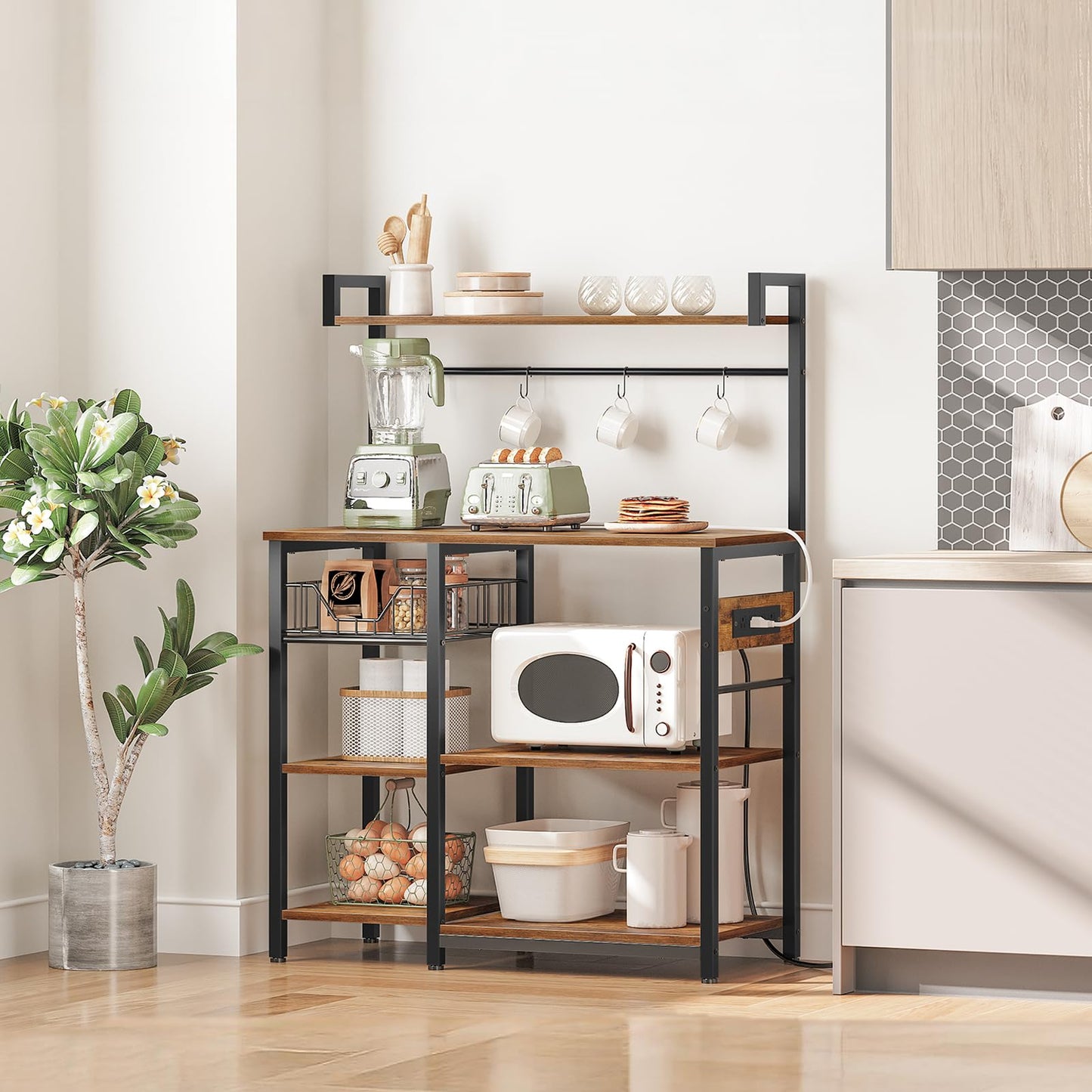 HOOBRO Retro Brown 35.4-inch Baking Rack with Mesh Basket & Power Outlet & Microwave Bracket & 4 S-Hooks