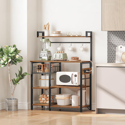 HOOBRO Retro Brown 35.4-inch Baking Rack with Mesh Basket & Power Outlet & Microwave Bracket & 4 S-Hooks