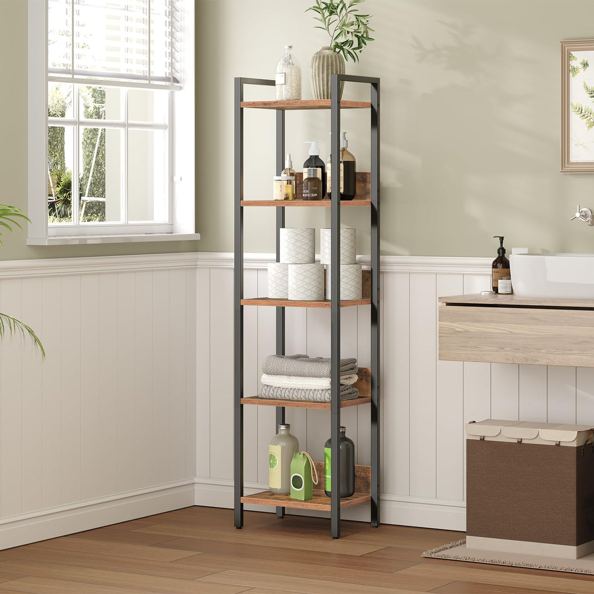 HOOBRO Bookshelf, 5-Tier Bookcase, Standing Book Shelf for Small Space, Storage Shelf Organizer, Rustic Brown and Black