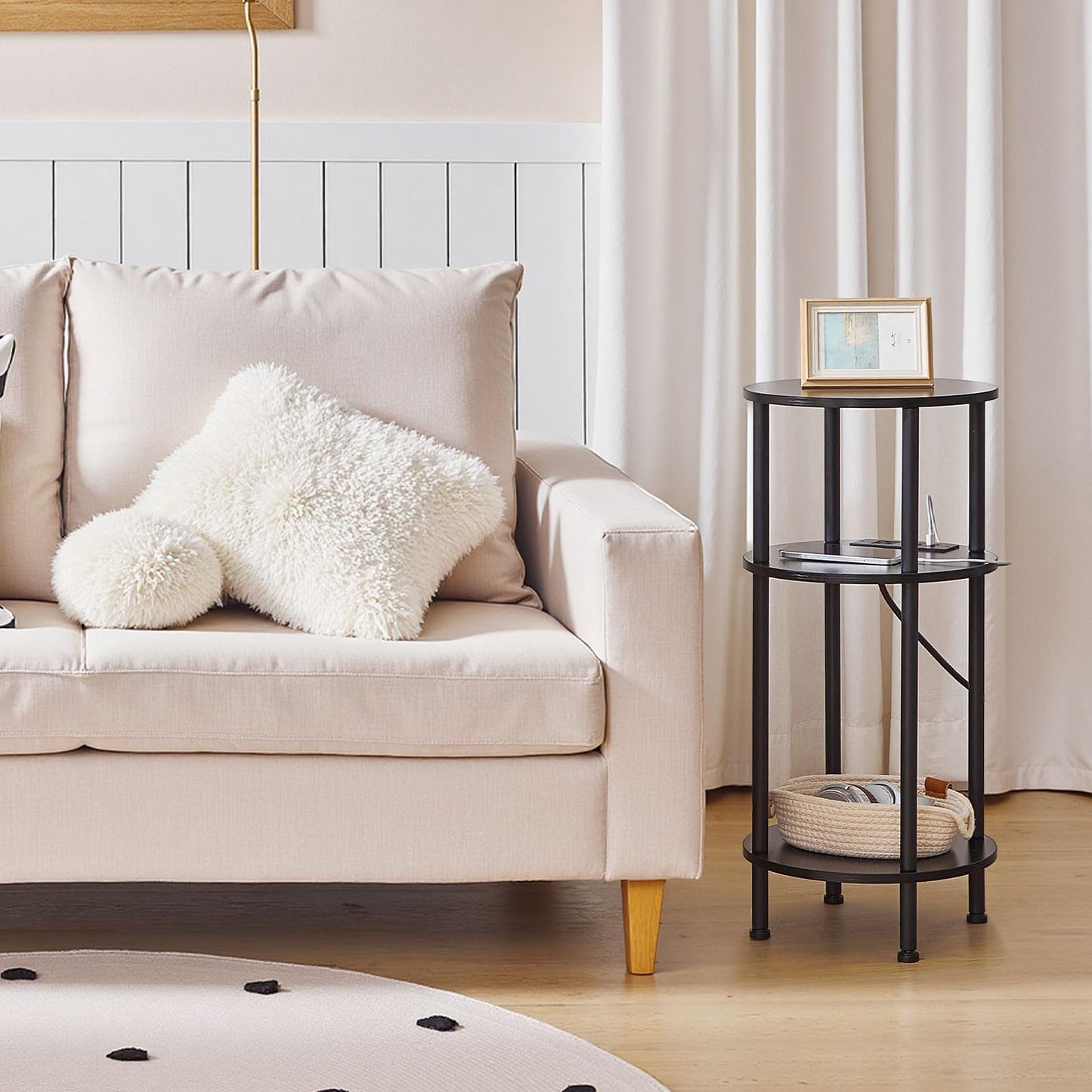 HOOBRO 3-Tier Small Round Side Table with Charging Station