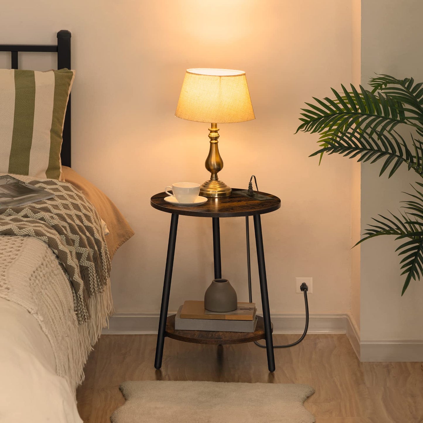 HOOBRO Retro Brown Double-Layer Round Side Table with Charging Station