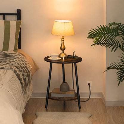 HOOBRO Retro Brown Double-Layer Round Side Table with Charging Station