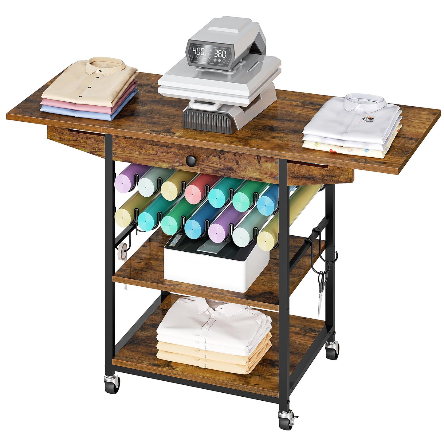 HOOBRO 3-Tier Movable Heat Press Table with Vinyl Roll Holder & Drawer