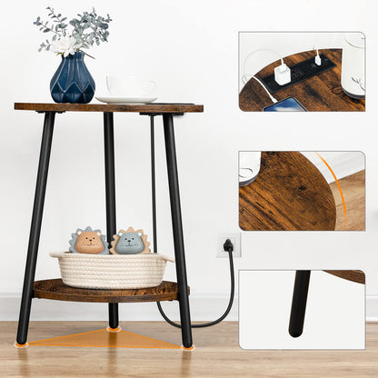 HOOBRO Retro Brown Double-Layer Round Side Table with Charging Station