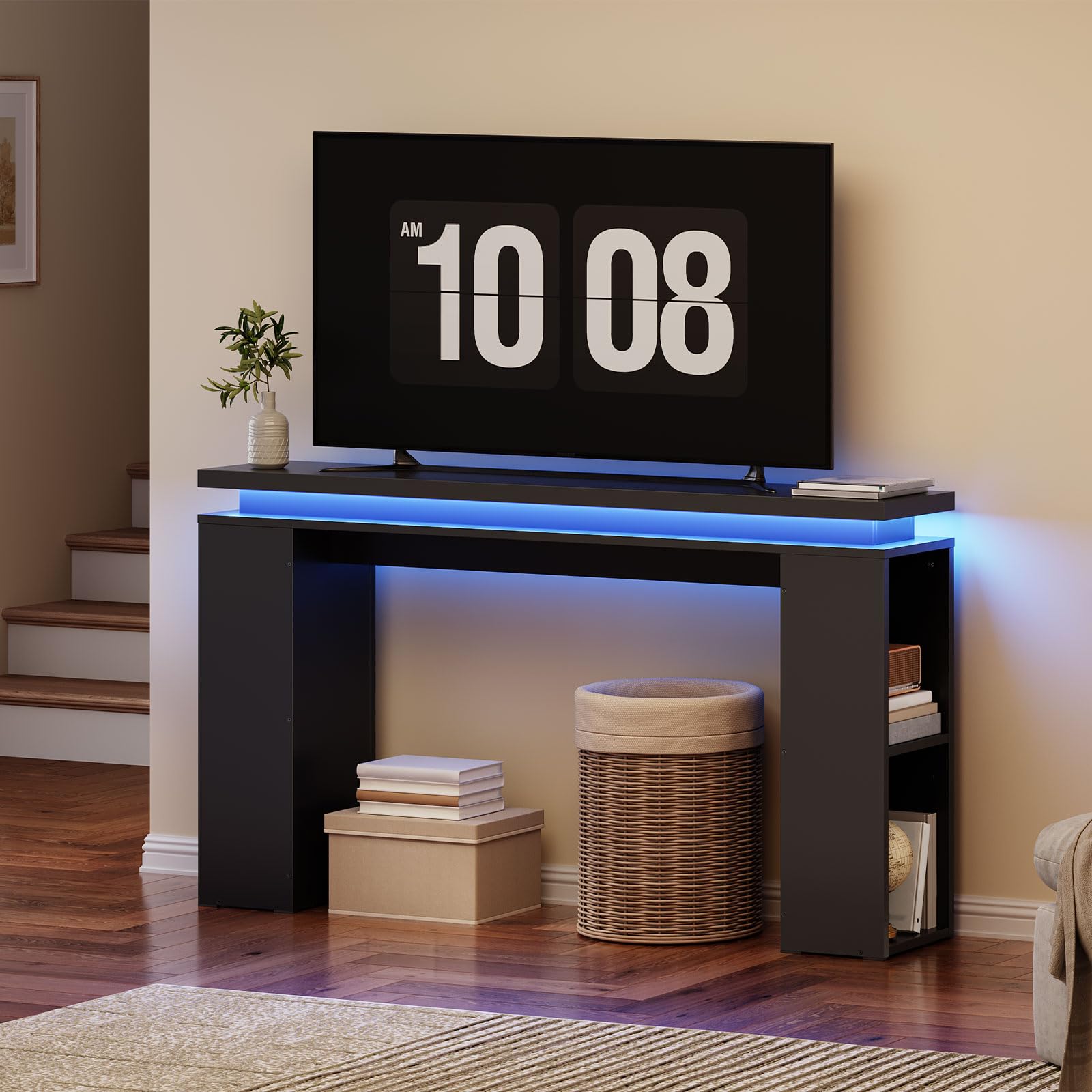 Modern console table with digital clock display in a living room setting