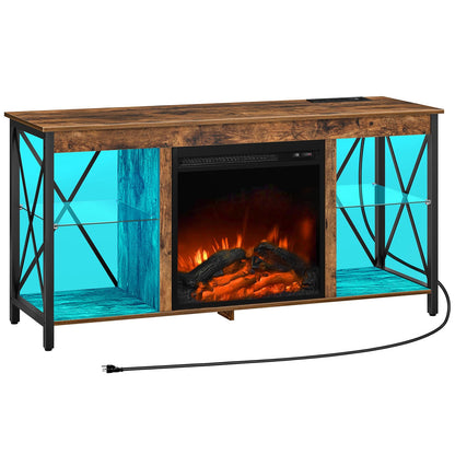HOOBRO Vintage Brown Glass Shelf Fireplace TV Stand with Charging Station & LED Lights