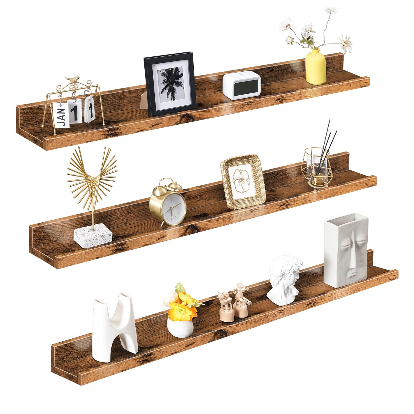 HOOBRO Retro Brown 47.2-inch Floating Shelf with Raised Edges & Concealed Brackets /3PICS