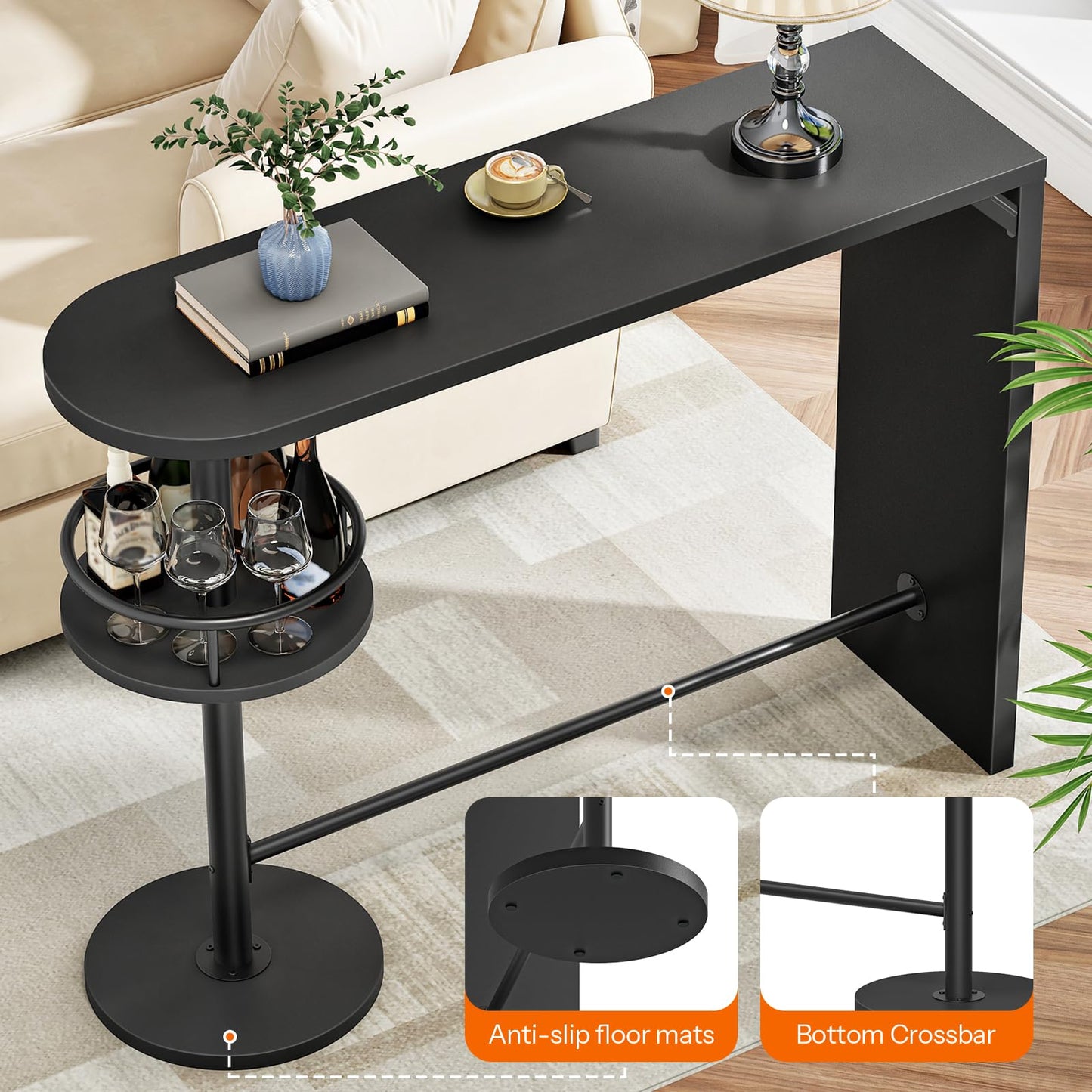 Black side table with a lower shelf in a living room setting