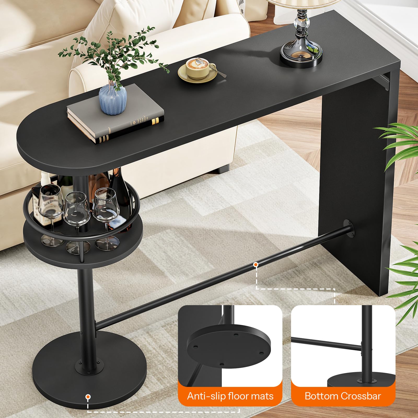Black side table with a lower shelf in a living room setting