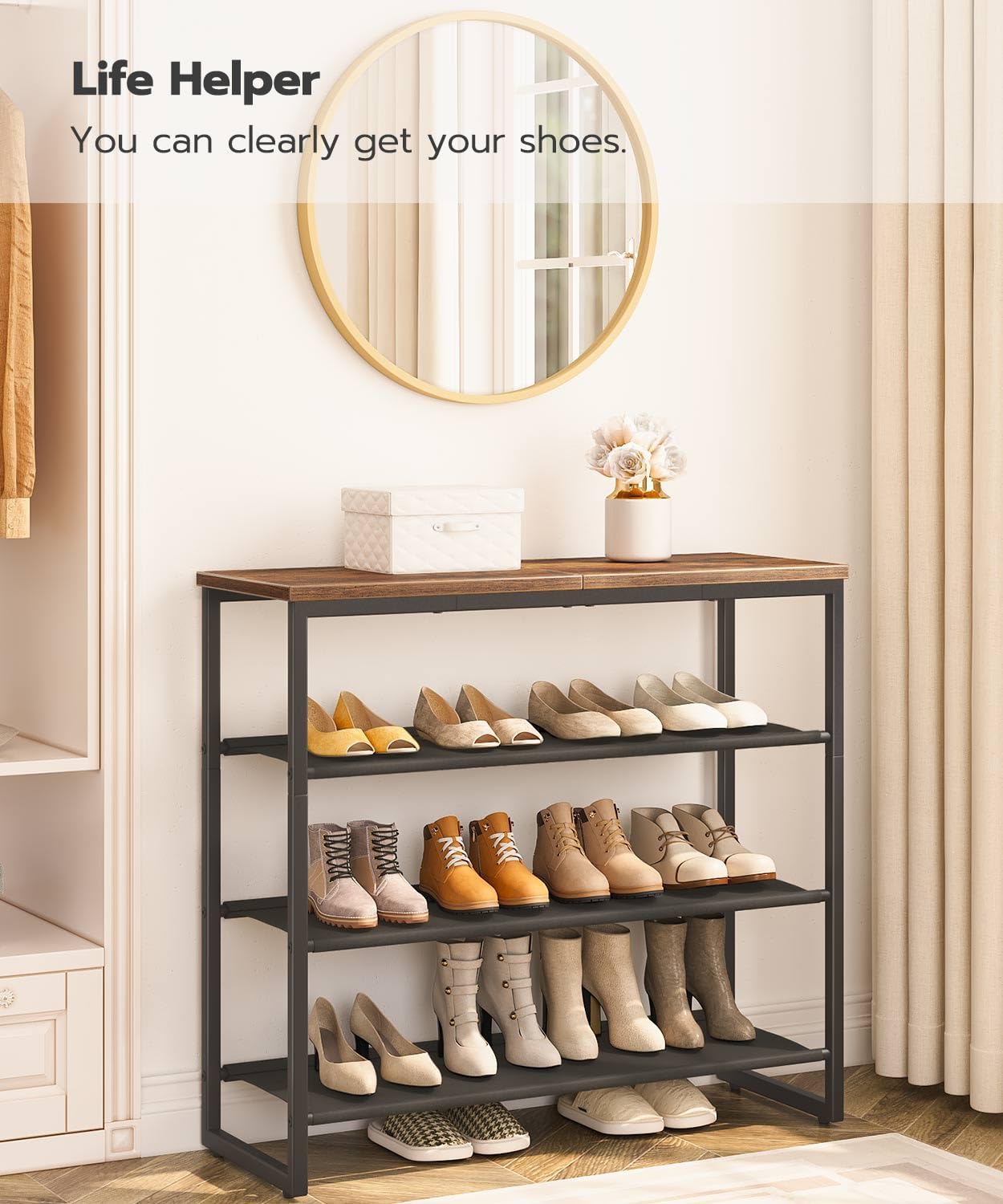 HOOBRO Four-tier Industrial-style Shoe Organizer Rack with 3 Oxford Cloth Shelves &  Top Shelf